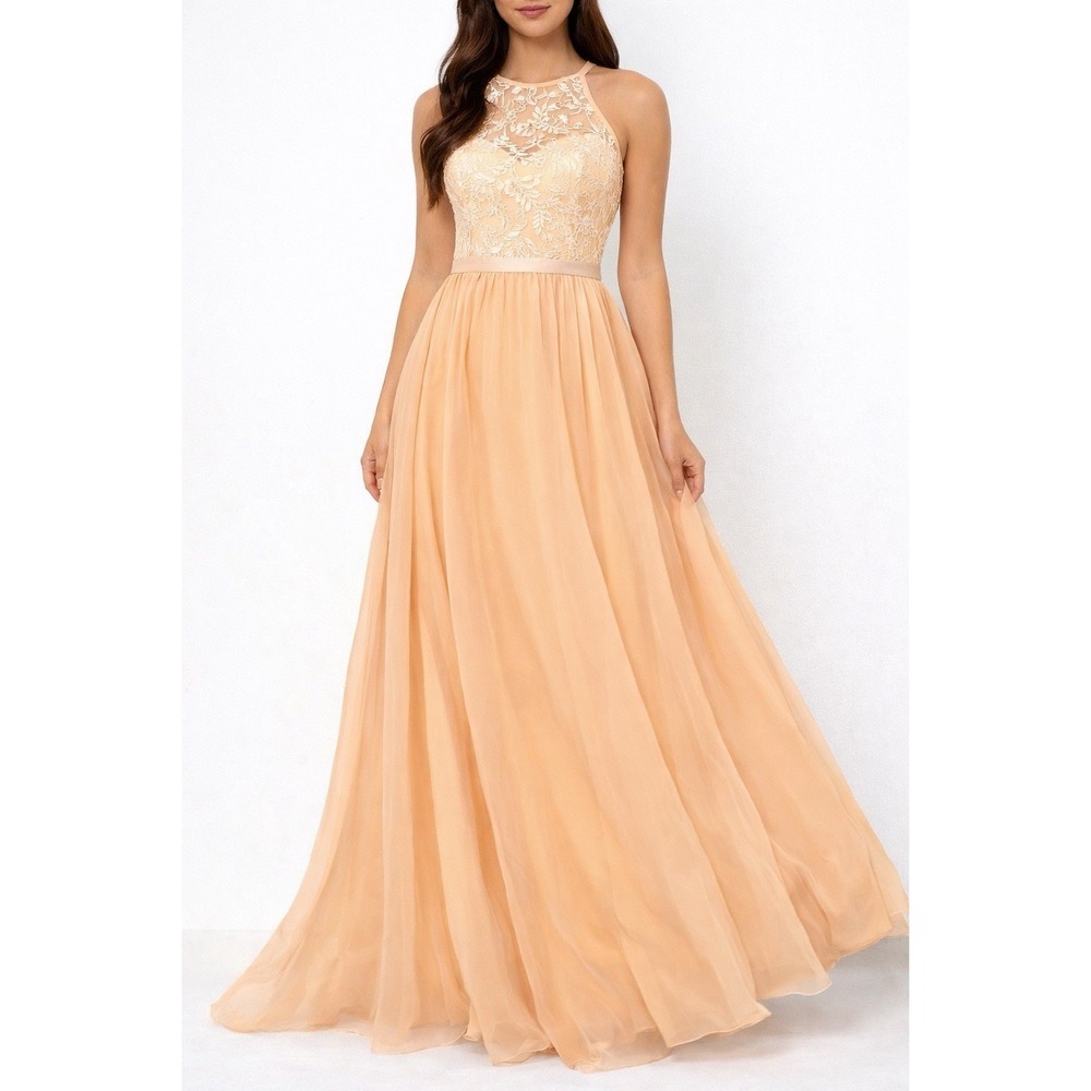 Dress Tells Dress Tan Nude Lace Tulle Flowy Med Lined Wedding Prom Formal‎ Boho
